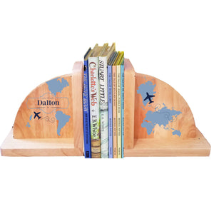 Personalized World Map Blue Natural Wooden Bookends