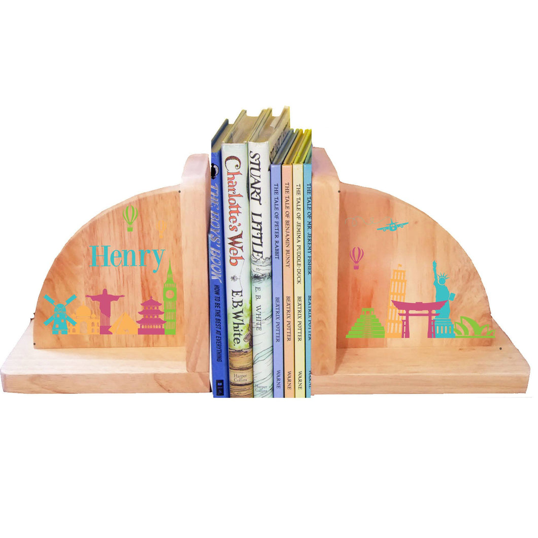 Personalized World Travel Pink Natural Wooden Bookends