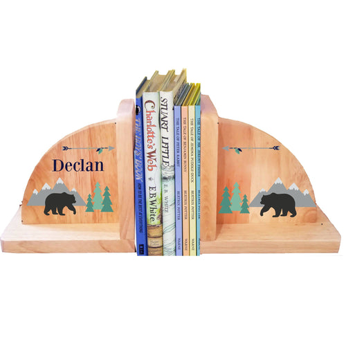 Personalized Mountain Bear Natural Wooden Bookends