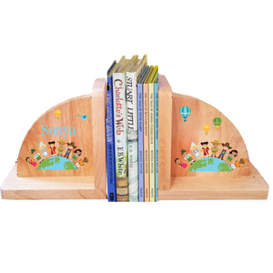 Personalized Small World Natural Wooden Bookends