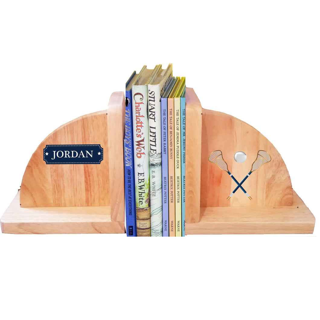Personalized Lacrosse Sticks Natural Wooden Bookends