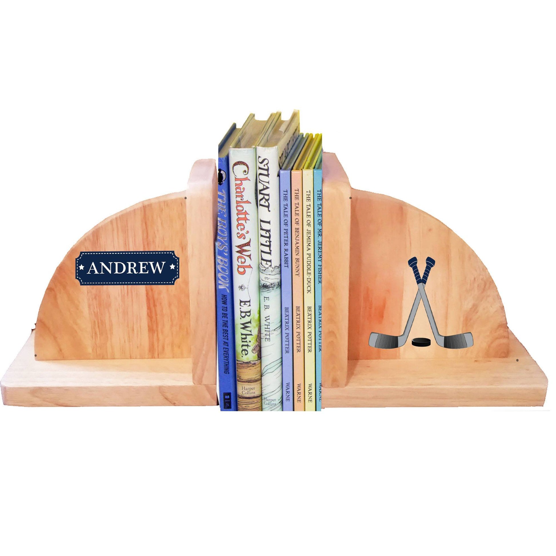 Personalized ice Hockey Natural Wooden Bookends