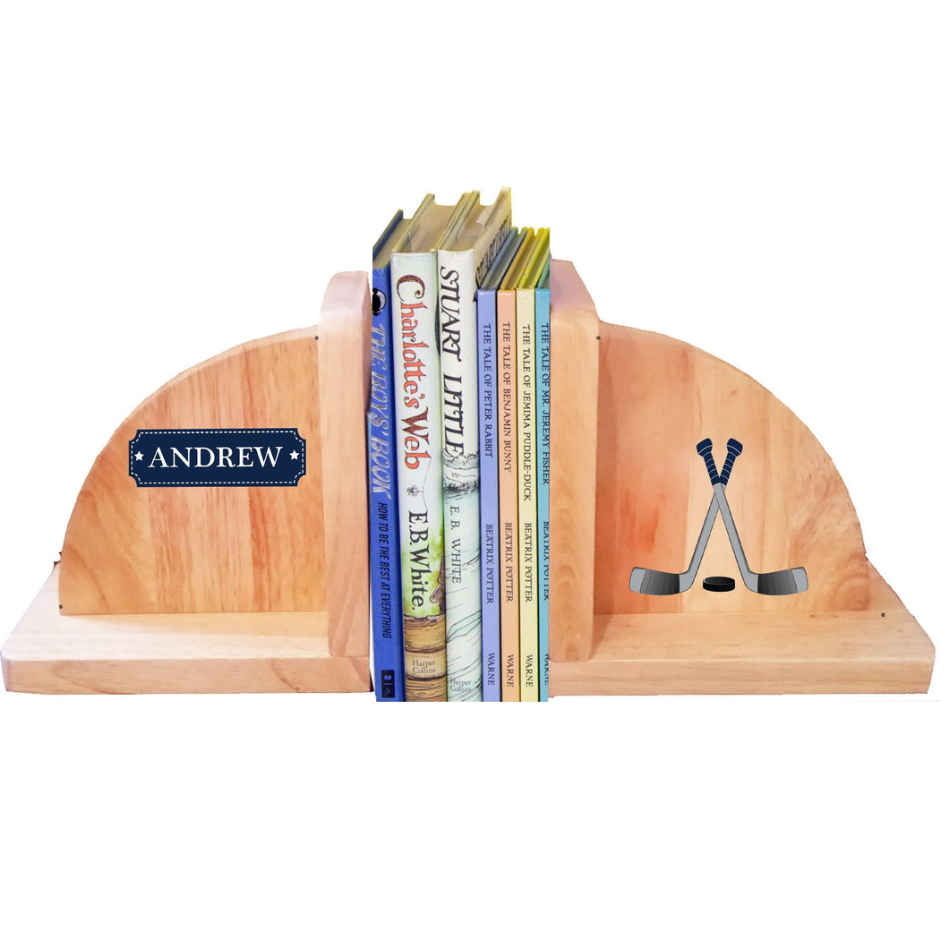 Personalized ice Hockey Natural Wooden Bookends