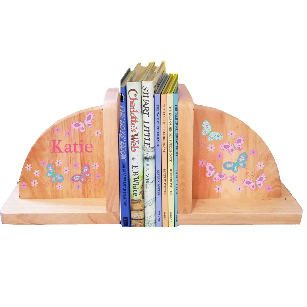 Personalized Butterfly Pink Teal Natural Childrens Wooden Bookends
