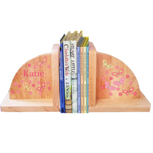 Personalized Butterfly Yellow Pink Natural Childrens Wooden Bookends