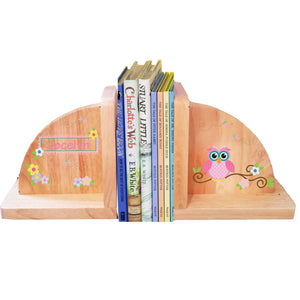 Personalized Calico Owl Natural Childrens Wooden Bookends