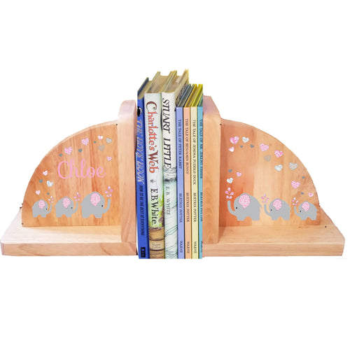 Personalized Elephant Pink Natural Childrens Wooden Bookends