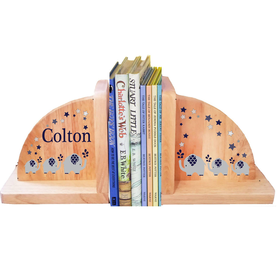 Personalized Elephant Navy Natural Childrens Wooden Bookends