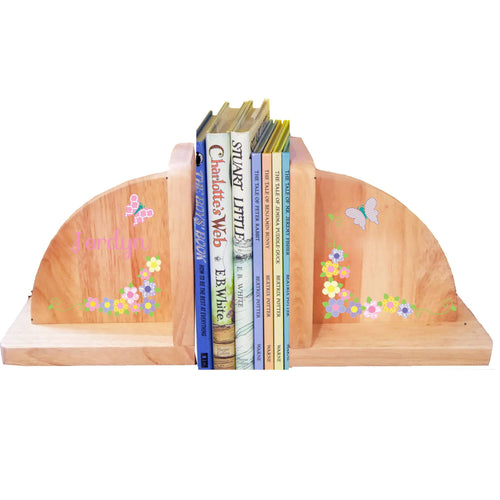 Personalized Butterfly Garland Pastel Natural Childrens Wooden Bookends