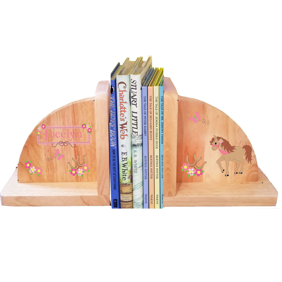 Personalized Prancing Pony Natural Childrens Wooden Bookends
