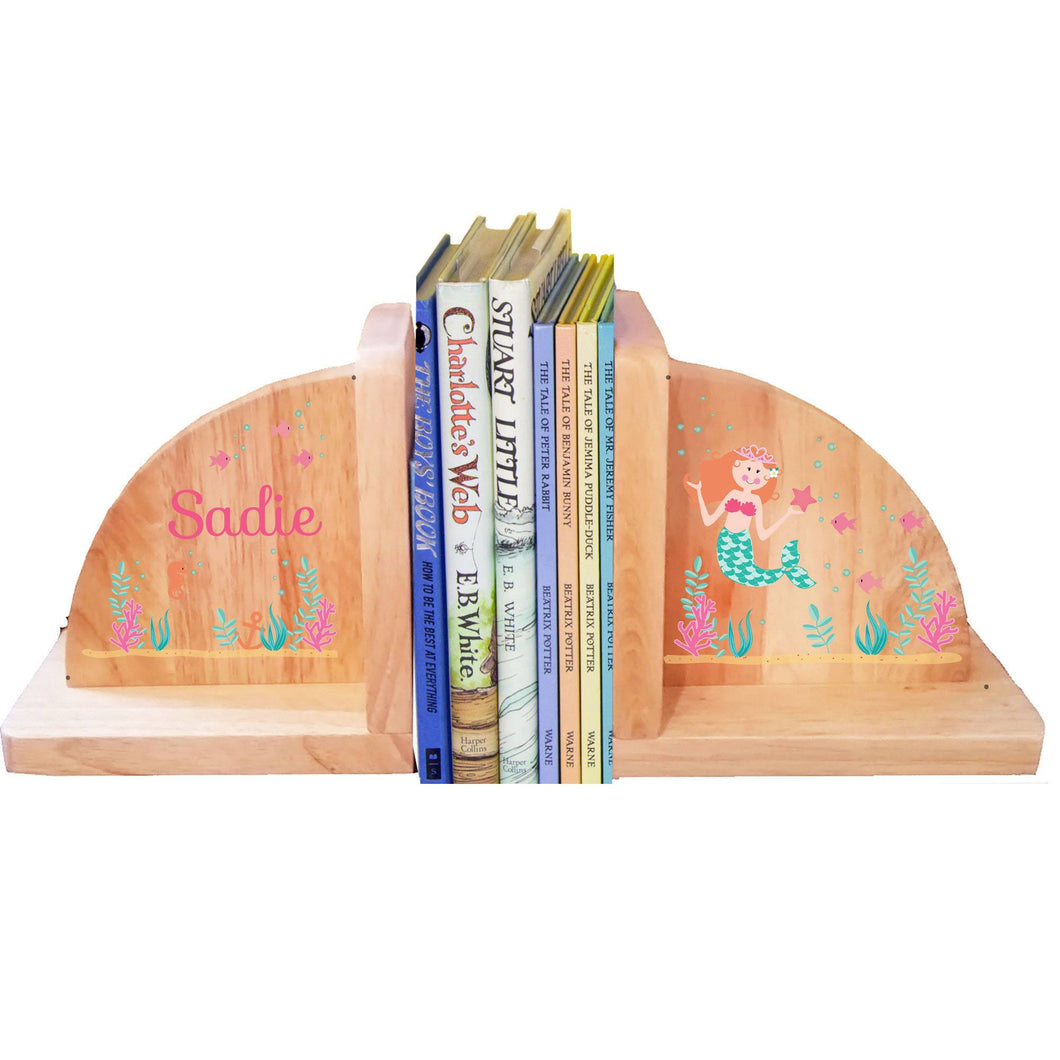 Personalized Mermaid Red Natural Childrens Wooden Bookends