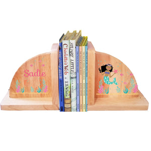 Personalized Mermaid Dark Natural Childrens Wooden Bookends