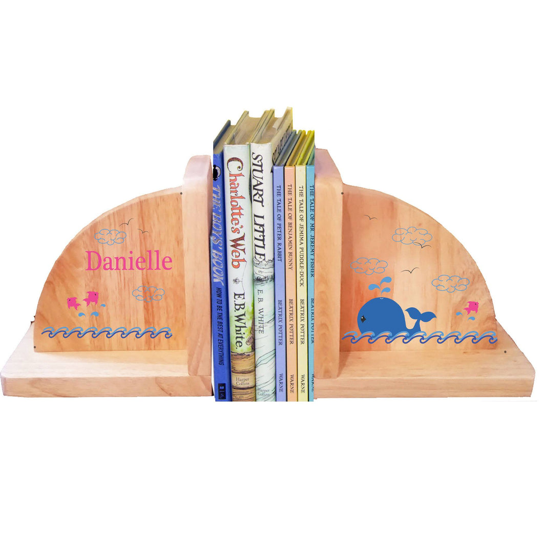 Personalized Whale Pink Natural Childrens Wooden Bookends