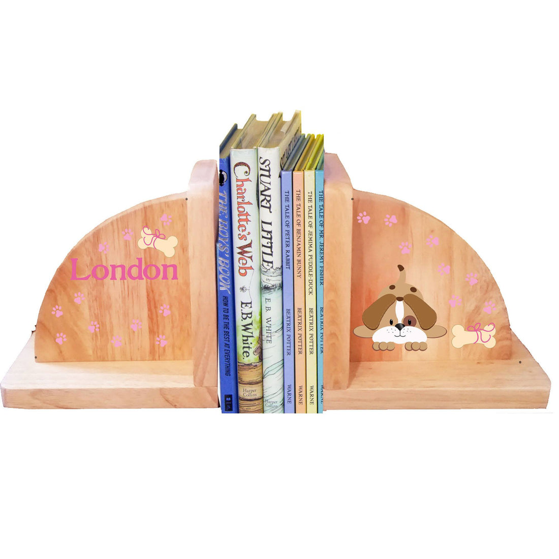 Personalized Puppy Pink Natural Childrens Wooden Bookends