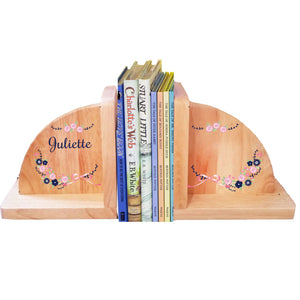 Personalized Navy Pink Floral Garland Natural Wooden Bookends