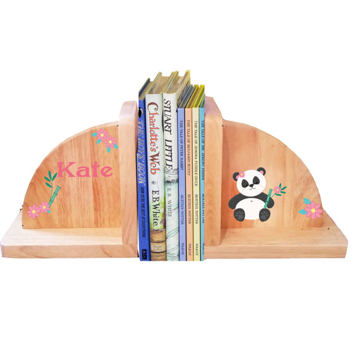 Personalized Panda Bear Natural Childrens Wooden Bookends