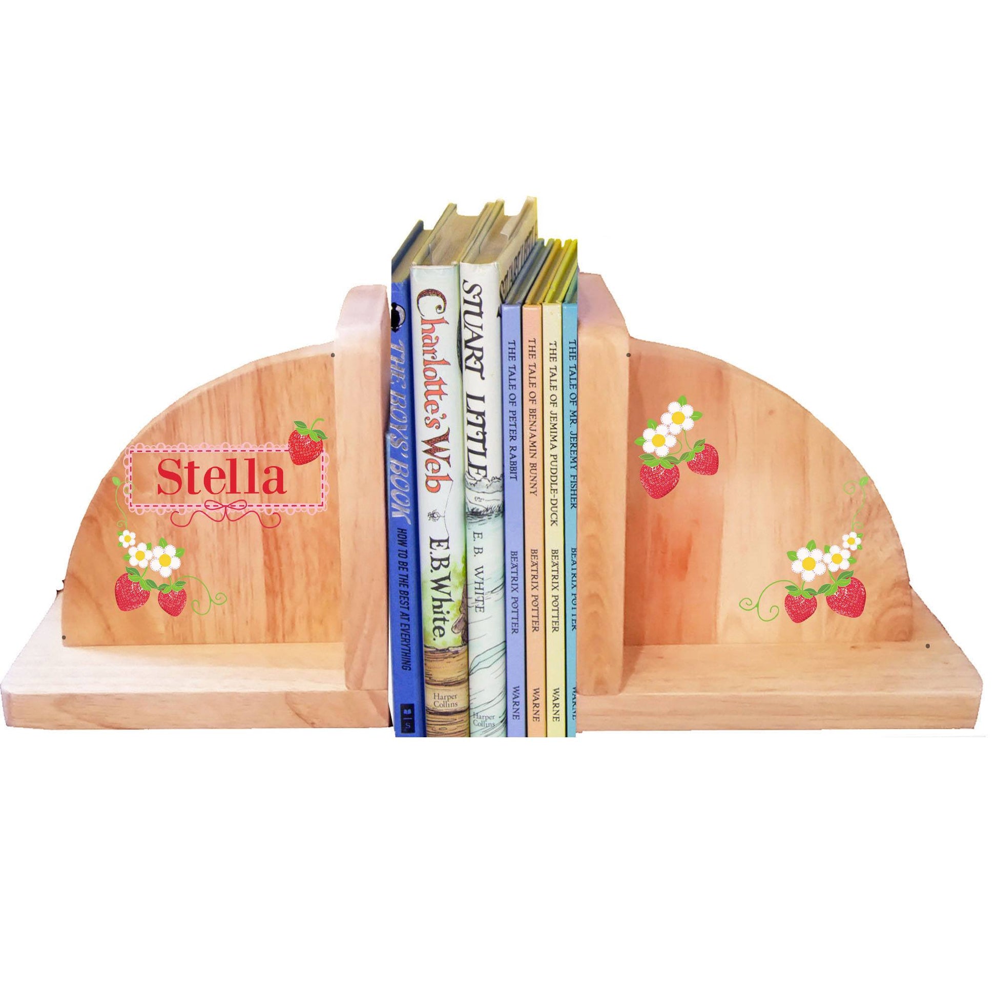 Personalized Strawberries Natural Childrens Wooden Bookends