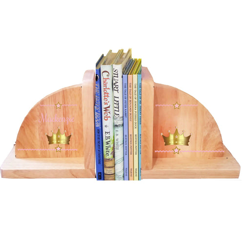 Personalized Pink Crown Natural Childrens Wooden Bookends