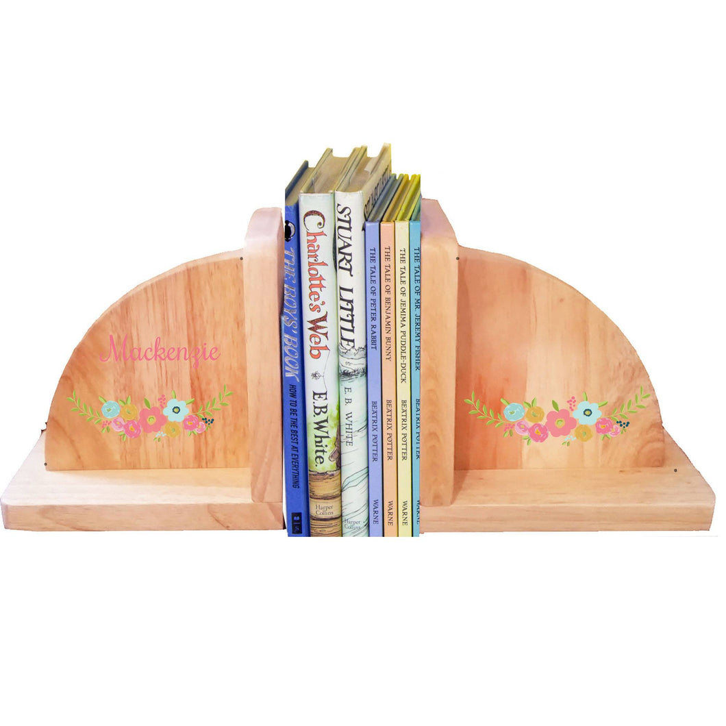 Personalized Spring Floral Natural Wooden Bookends