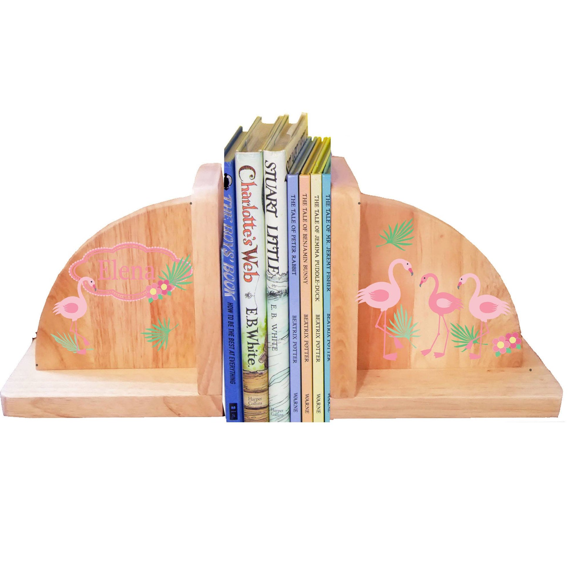 Personalized Natural Wooden Bookends with Palm Flamingo design