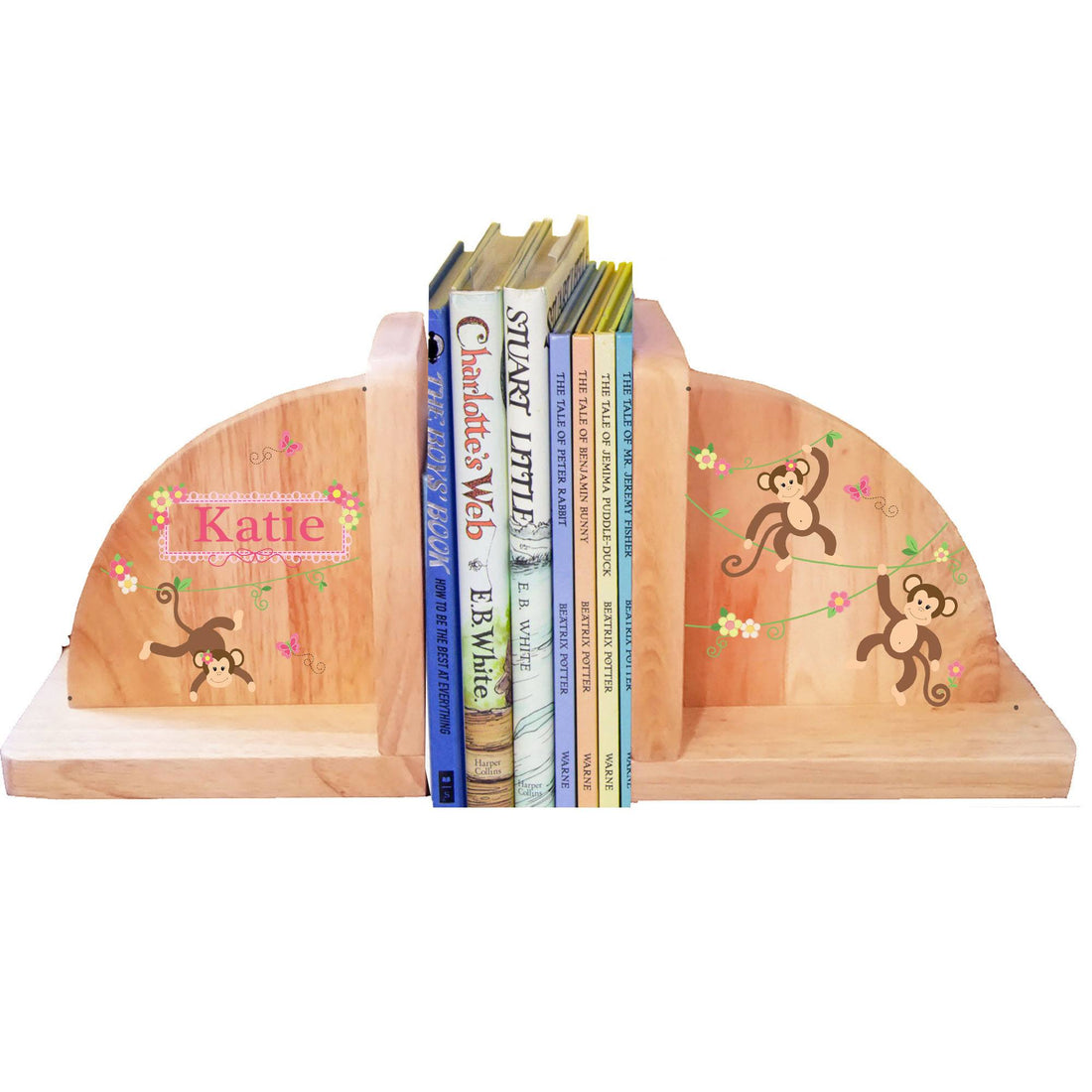 Personalized Monkey Girl Natural Wooden Bookends