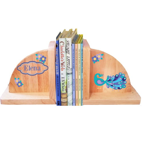 Personalized Peacock Natural Wooden Bookends