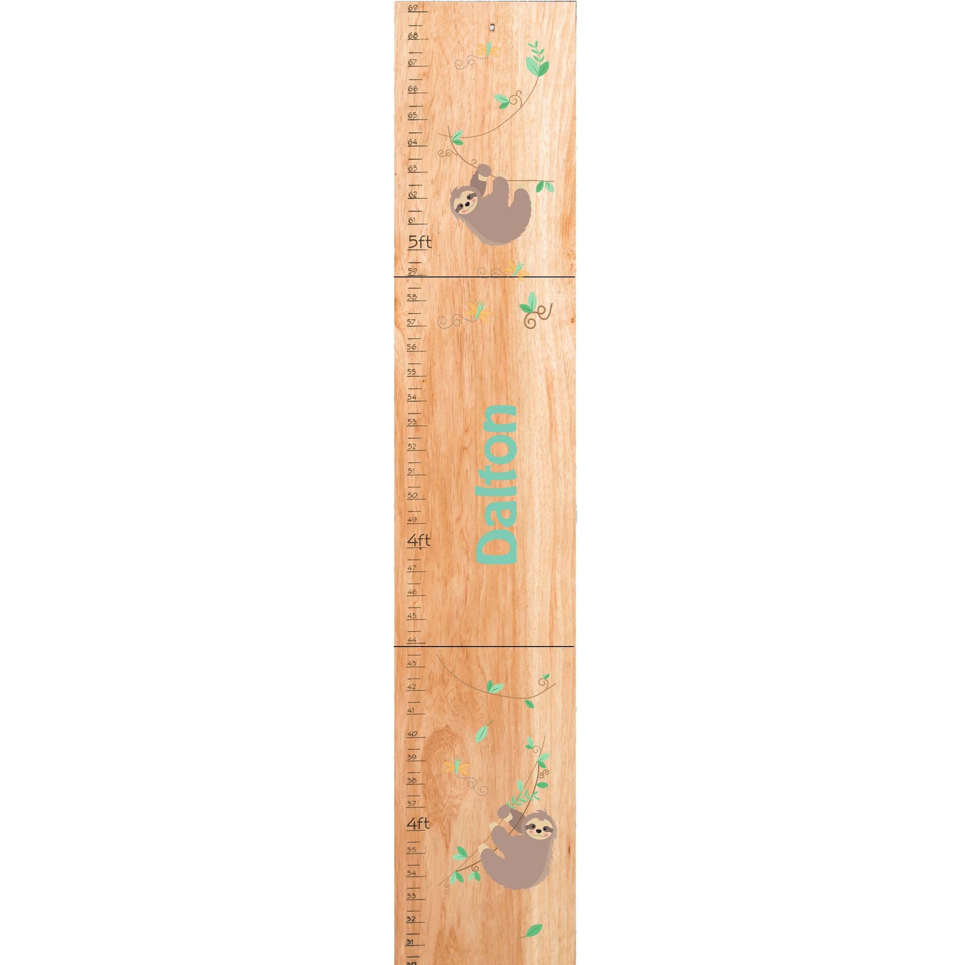 Personalized Natural Wooden Growth Chart with Slothie Boy design