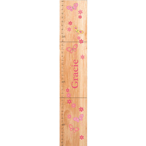 Personalized Natural Wooden Growth Chart with Butterflies Yellow Pink design