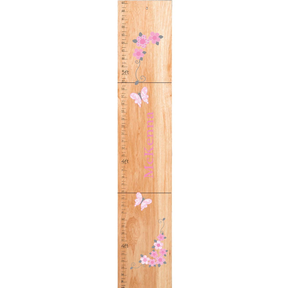 Personalized Natural Wooden Growth Chart with Pink and Gray Butterflies design