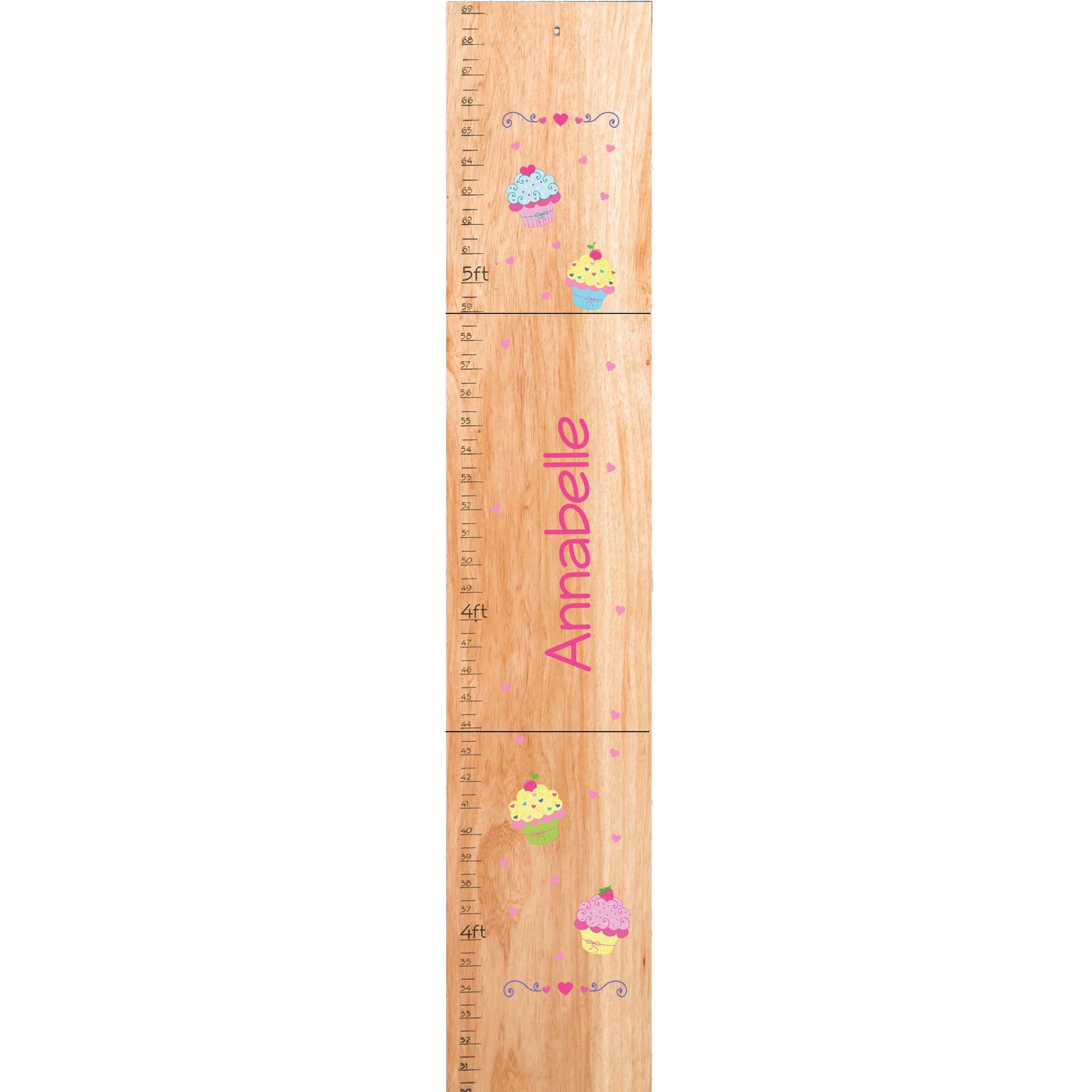 Personalized Natural Wooden Growth Chart with Cupcake design