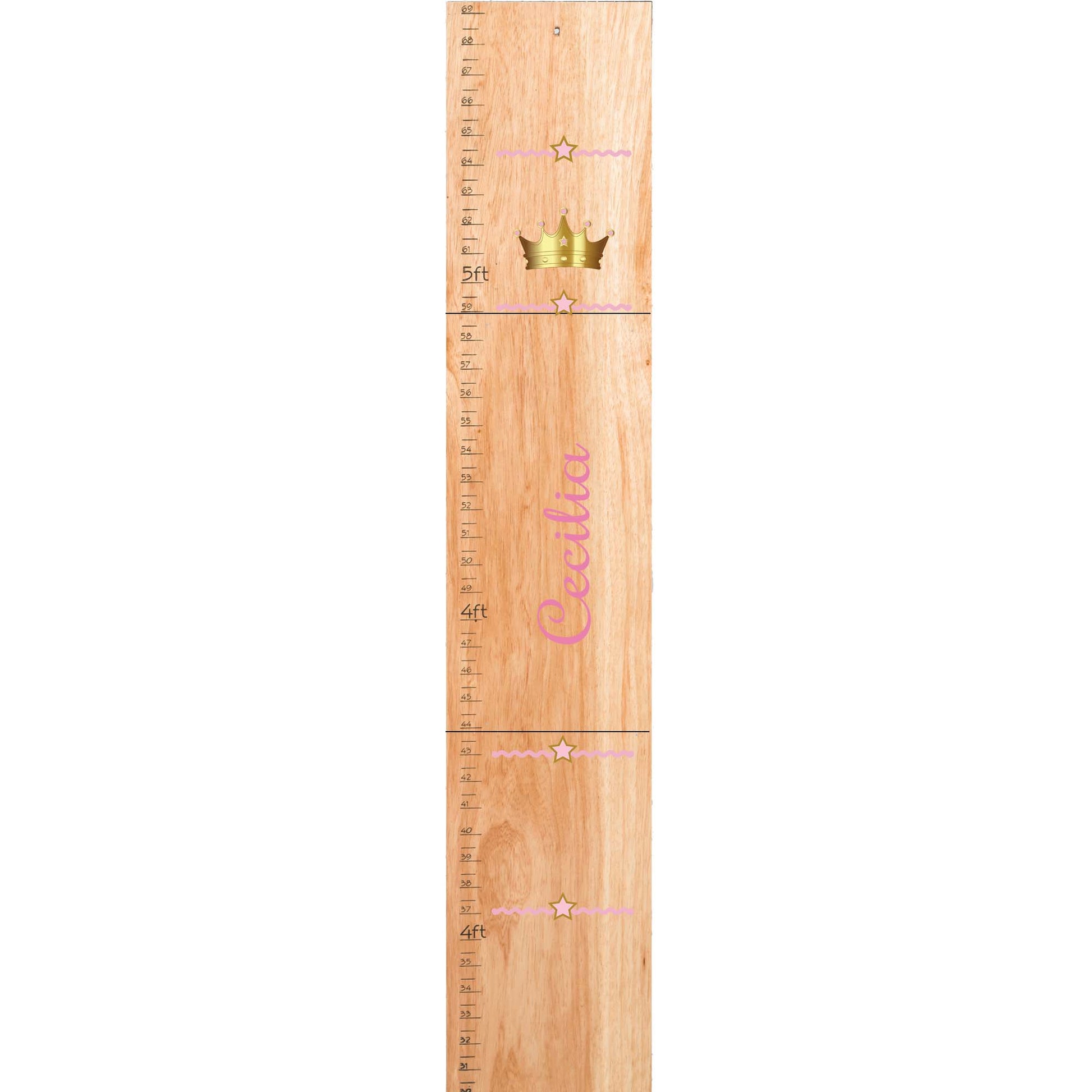 Personalized Natural Wooden Growth Chart with Pink Princess Crown design