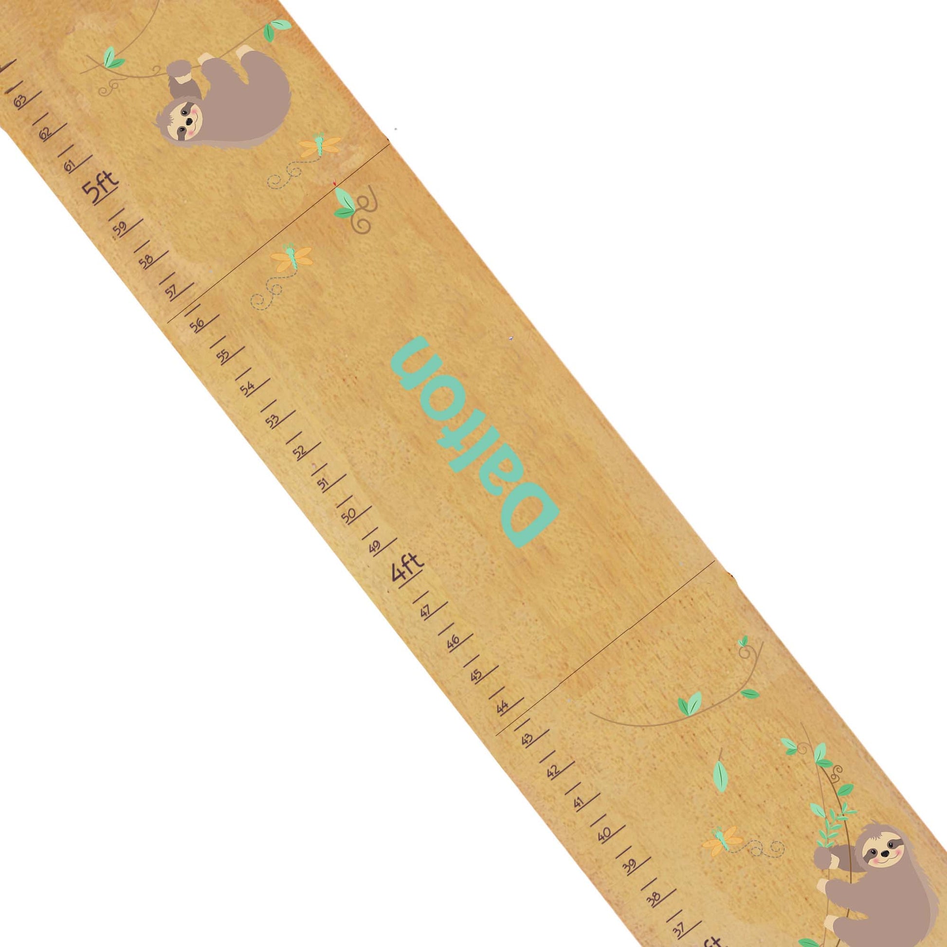 Personalized Natural Wooden Growth Chart with Slothie Boy design