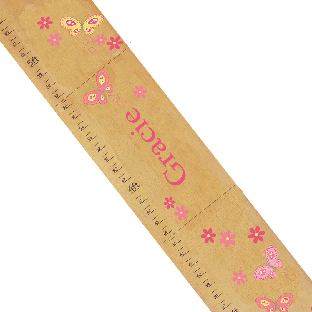 Personalized Natural Wooden Growth Chart with Butterflies Yellow Pink design