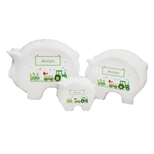 Personalized Piggy Bank with Green Tractor design