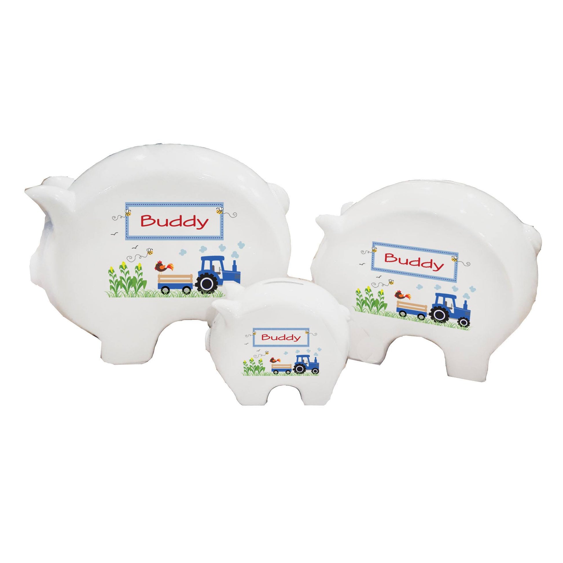 Personalized Piggy Bank with Blue Tractor design