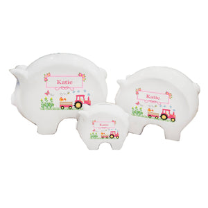 Personalized Piggy Bank with Pink Tractor design