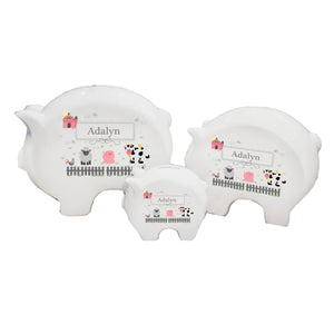 Personalized Piggy Bank with Barnyard Friends Pastel design