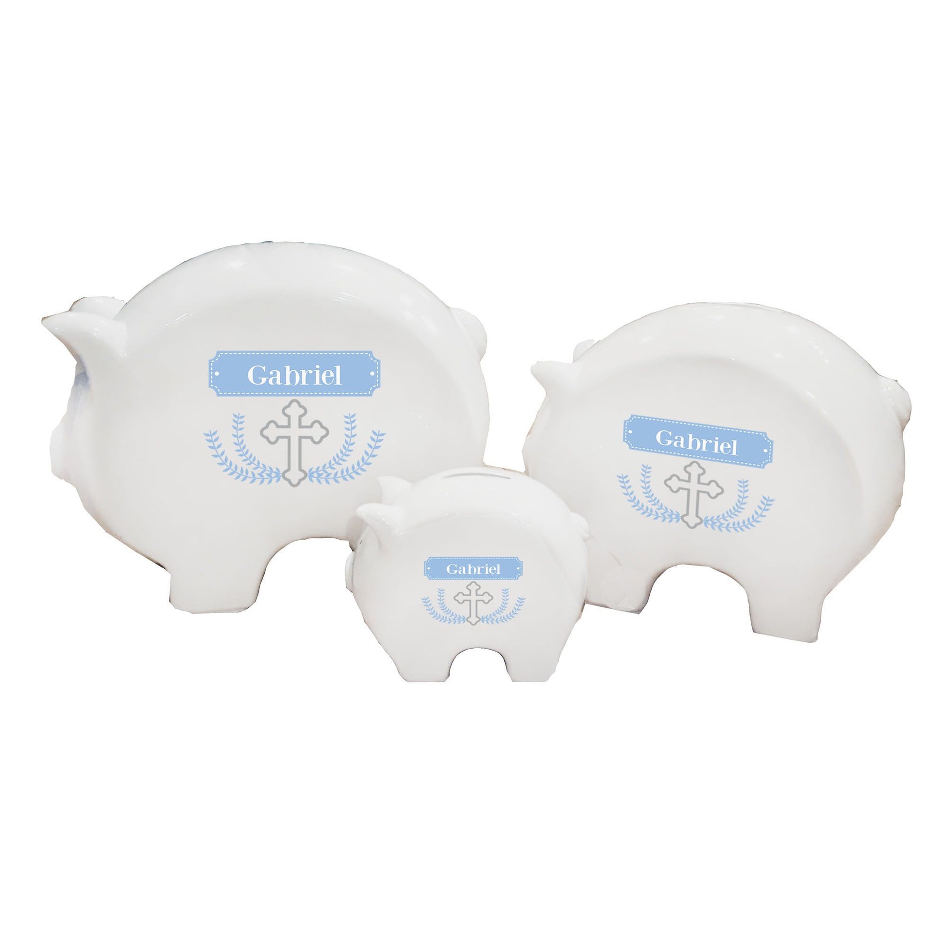 Personalized Piggy Bank with Cross Garland Lt Blue design
