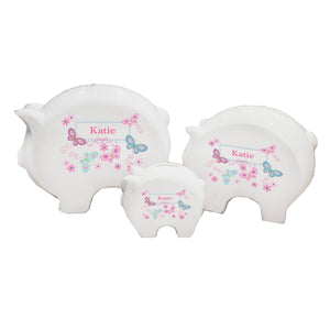 Personalized Piggy Bank with Butterflies Aqua Pink design