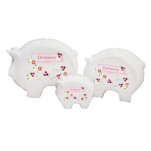 Personalized Piggy Bank with Pink Ladybugs design