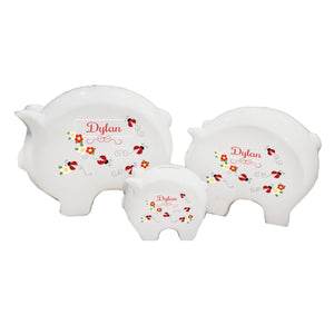 Personalized Piggy Bank with Red Ladybugs design