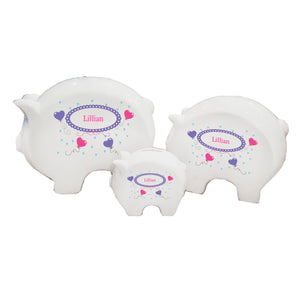 Personalized Piggy Bank with Heart Balloons design
