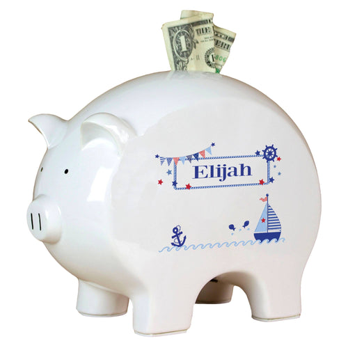 Personalized Piggy Bank with Boys Sailboat design