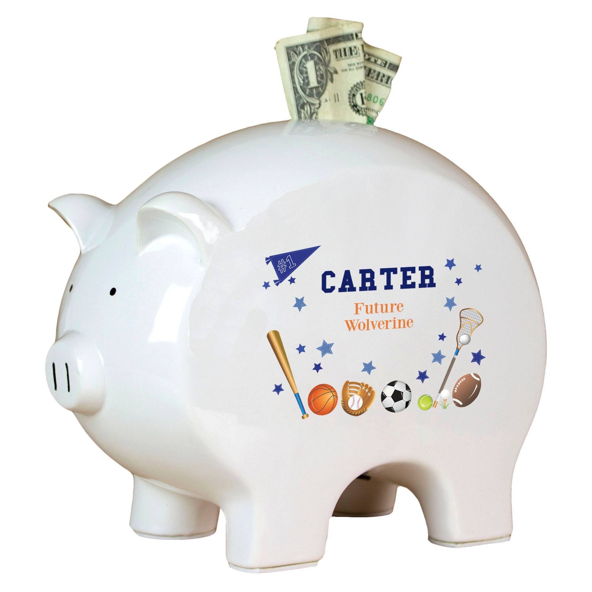 Personalized Piggy Bank with Sports design