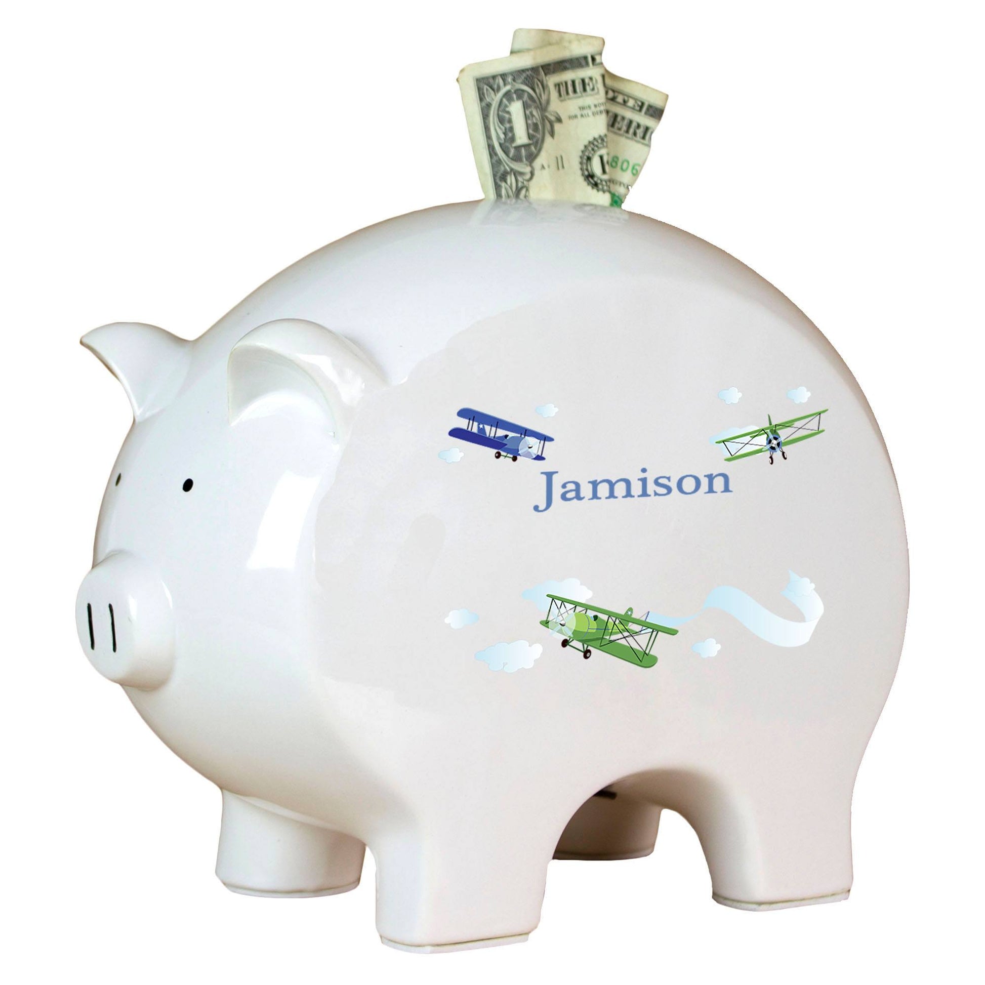 Personalized Piggy Bank with Airplane design