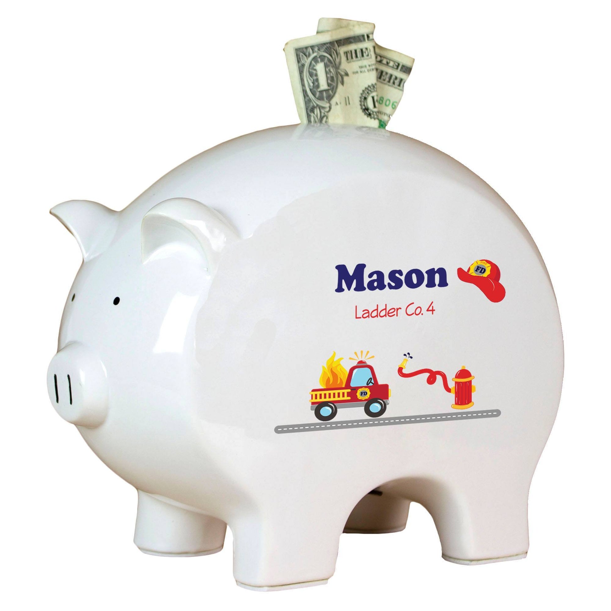 Personalized Piggy Bank with Fire Truck design