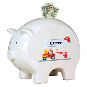 Personalized Piggy Bank with Fire Truck design