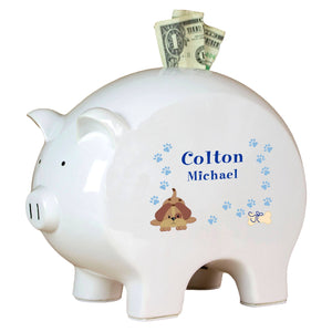 Personalized Piggy Bank with Blue Puppy design