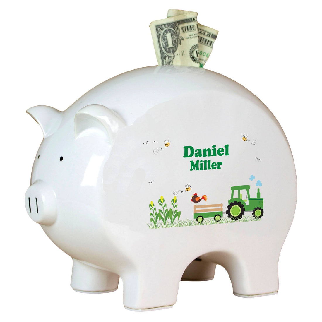 Personalized Piggy Bank with Green Tractor design