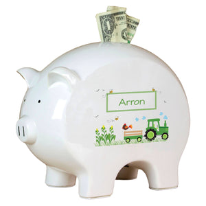 Personalized Piggy Bank with Green Tractor design